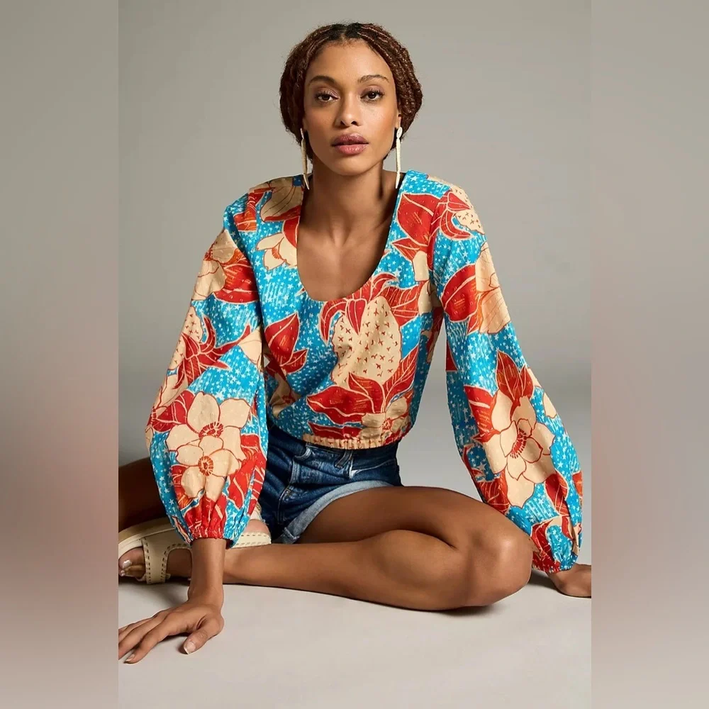 FARM Rio Blue Floral Puff-Sleeve Blouse with Red & Cream Accents